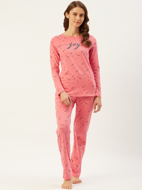 Sweet Dreams Women Coral Pink & Black Printed Pure Cotton Night suit