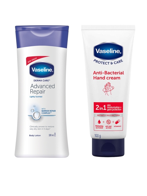 Vaseline Set of Derma Care Advanced Repair Body Lotion & Anti-Bacterial Hand Cream, White
Vaseline Set of Derma Care Advanced Repair Body Lotion & Anti-Bacterial Hand Cream, White