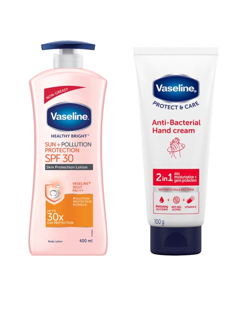 Vaseline Set of SPF 30 Sun & Pollution Protection Body Lotion & Anti-Bacterial Hand Cream, White
Vaseline Set of SPF 30 Sun & Pollution Protection Body Lotion & Anti-Bacterial Hand Cream, White