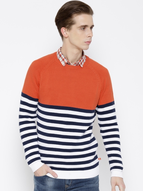 United Colors of Benetton Men Orange & White Striped Sweater
