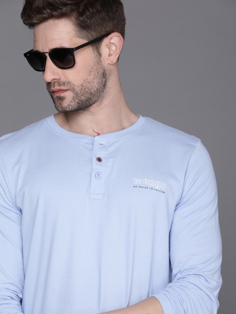 WROGN Men Blue Henley Neck Solid Slim Fit Pure Cotton T-shirt with Printed Detail