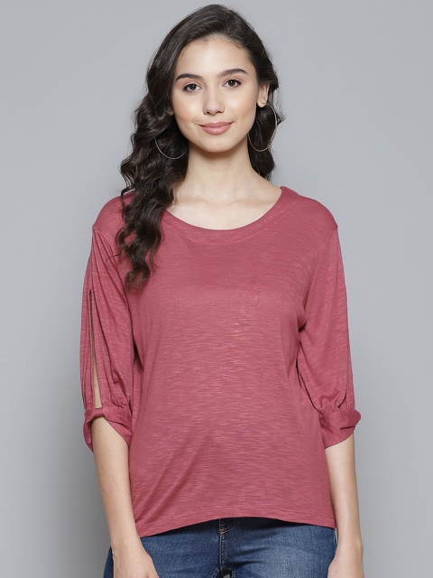 Femella Coral Pink Solid Styled Sleeve Regular Top