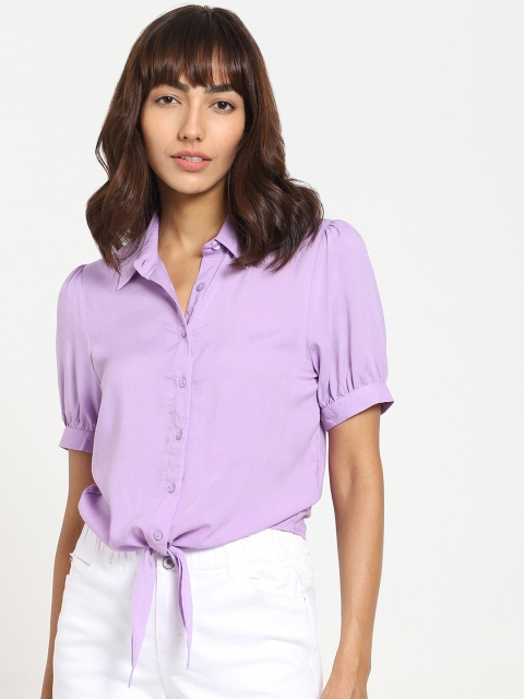 Bewakoof Women Purple Solid Tie Hem Casual Shirt