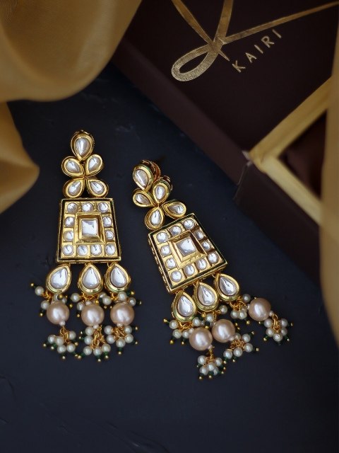 Kairi Gold-Toned & White Contemporary Drop Earrings