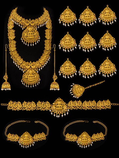 Alankruthi Gold-Plated Pink & Green Stone-Studded & Beaded Temple Bridal Jewellery Set
Alankruthi Gold-Plated Pink & Green Stone-Studded & Beaded Temple Bridal Jewellery Set