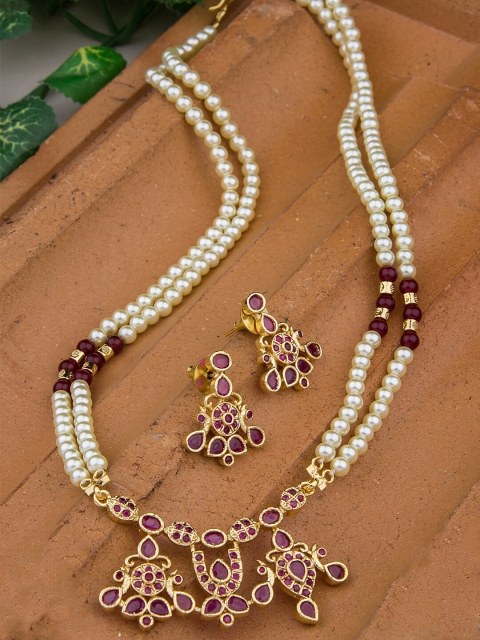 Alankruthi Gold-Plated Magenta Pink & Stone-Studded Pearl Beaded Meenakari Jewellery Set, Off white
Alankruthi Gold-Plated Magenta Pink & Stone-Studded Pearl Beaded Meenakari Jewellery Set, Off white