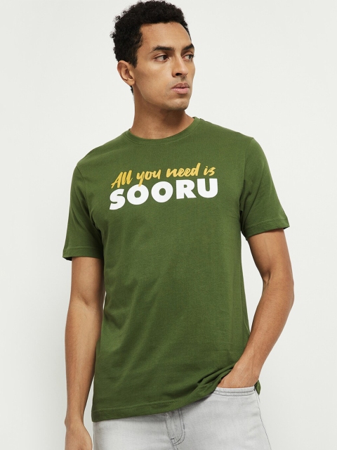 max Men Green & White Typography Printed Cotton T-shirt