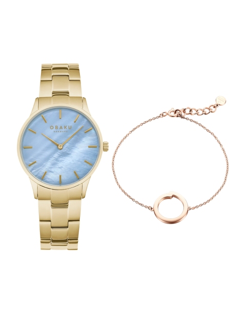 Obaku Women Blue Brass Dial & Gold Toned Stainless Steel Bracelet Style Straps Analogue Watch Gift Set J247LXGMSG
Obaku Women Blue Brass Dial & Gold Toned Stainless Steel Bracelet Style Straps Analogue Watch Gift Set J247LXGMSG