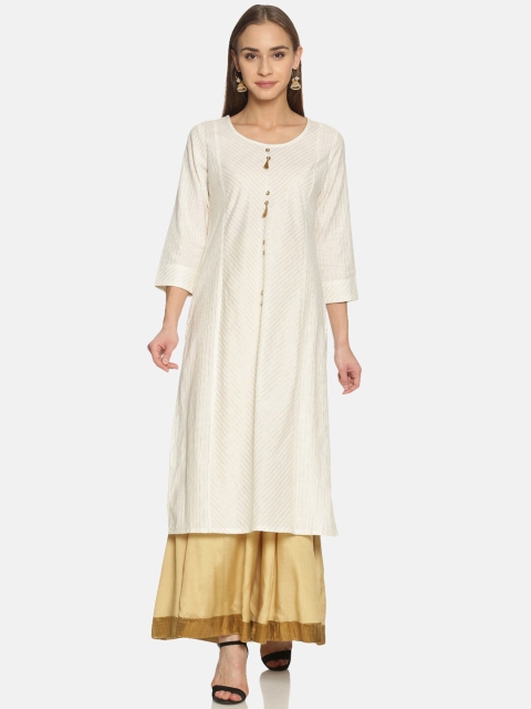 Saffron Threads Women White & Beige Striped Panelled Pure Cotton Kurta with Palazzos
Saffron Threads Women White & Beige Striped Panelled Pure Cotton Kurta with Palazzos