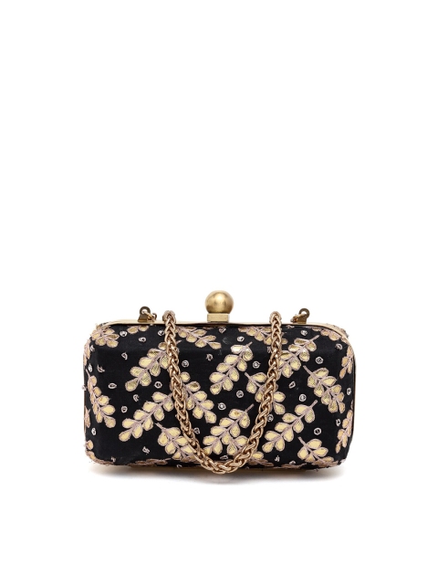 PRACCESSORII Women Black & Gold-Toned Embellished Box Clutch