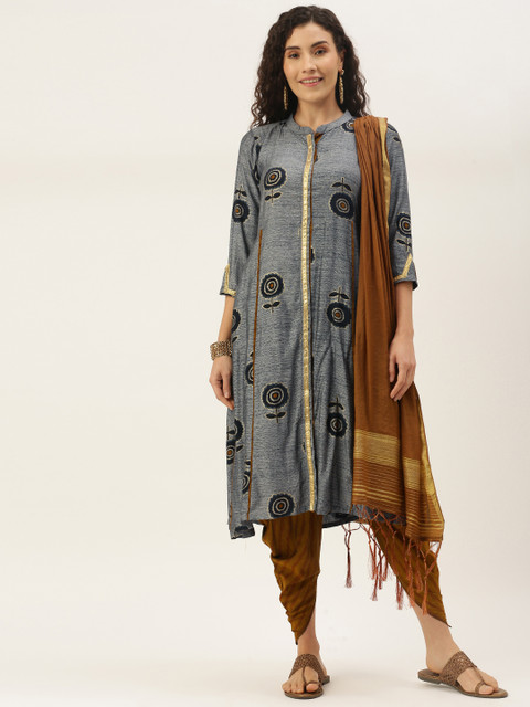 VAABA Women Grey & Mustard Yellow Ethnic Motifs Foil Print Kurta with Dhoti Pant & Dupatta
VAABA Women Grey & Mustard Yellow Ethnic Motifs Foil Print Kurta with Dhoti Pant & Dupatta