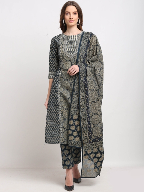 Rajnandini Women Navy Blue Ethnic Motifs Printed Cotton Kurta with Trousers & Dupatta
Rajnandini Women Navy Blue Ethnic Motifs Printed Cotton Kurta with Trousers & Dupatta