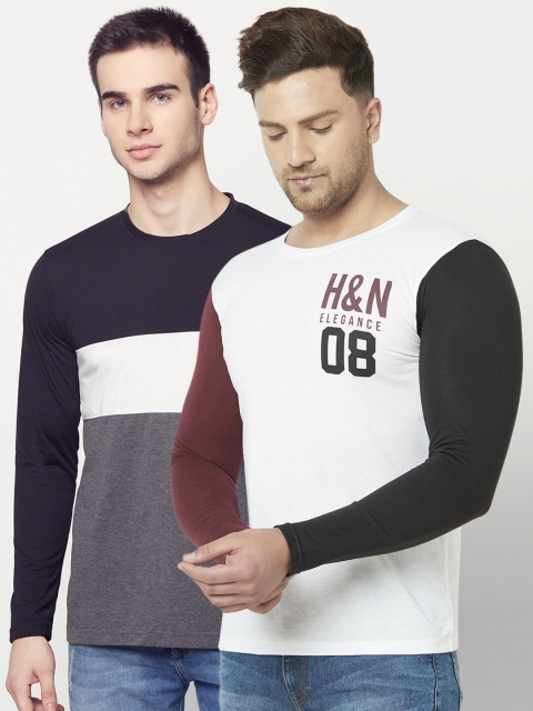 ELEGANCE Men Set of 2 White & Black Colourblocked T-shirt
