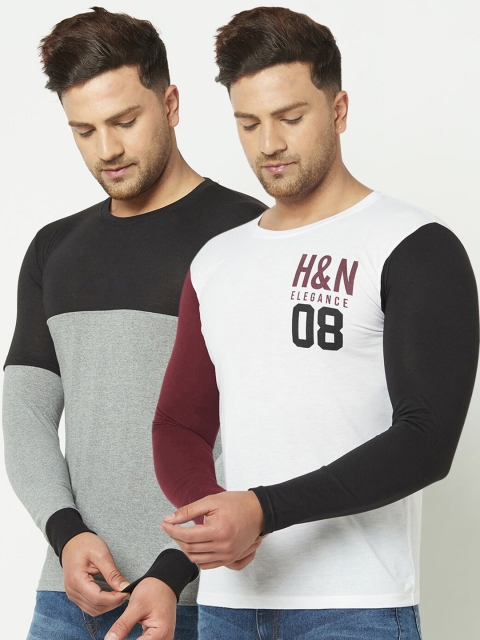 ELEGANCE Men Set of 2 White & Grey Colourblocked T-shirt