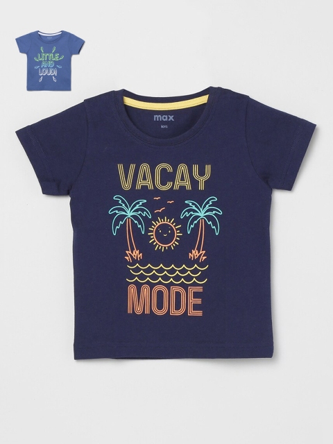max Boys Blue & Navy Blue Typography Printed Applique T-shirt
