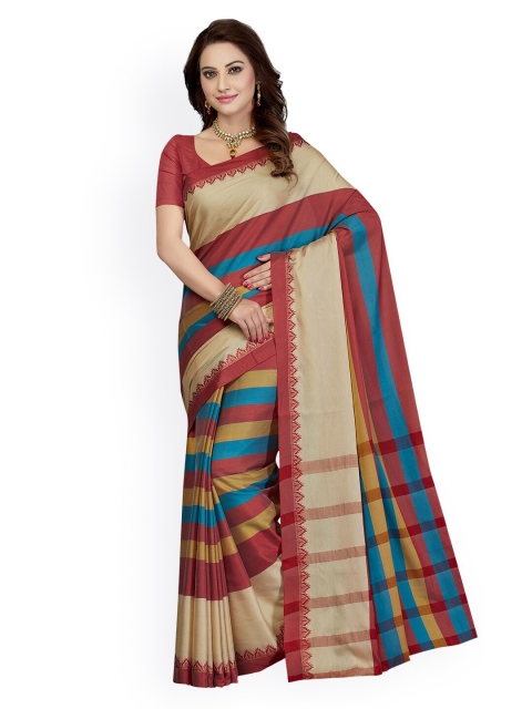 Mitera Maroon & Beige Striped Poly Cotton Saree