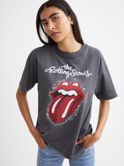 HM Women Grey Red Graphic Printed Oversized Pure Cotton T-shirt