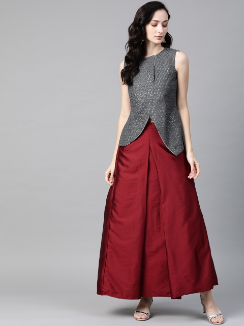 Readiprint Fashions Maroon & Charcoal Grey Embroidered Ready to Wear Lehenga with Top
Readiprint Fashions Maroon & Charcoal Grey Embroidered Ready to Wear Lehenga with Top