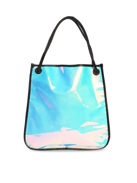 FOREVER 21 Blue & Black PU Shopper Metallic Tote Bag