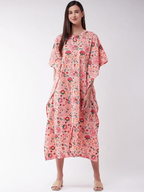 InWeave Peach-Coloured Floral Kaftan Midi Dress
