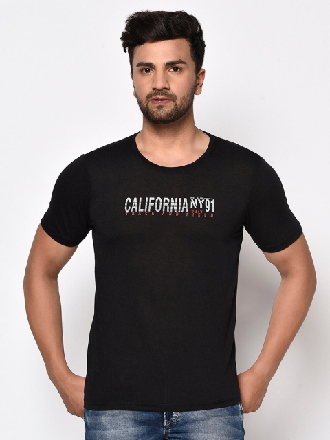 ELEGANCE Men Black & White Typography Printed T-shirt