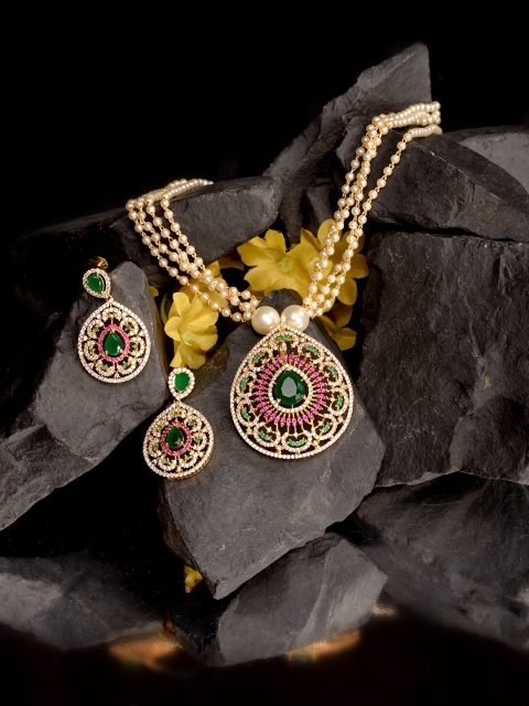 Saraf RS Jewellery Women Gold-Plated Multi Coloured AD Studded Pearl Mala & Earrings Set
Saraf RS Jewellery Women Gold-Plated Multi Coloured AD Studded Pearl Mala & Earrings Set