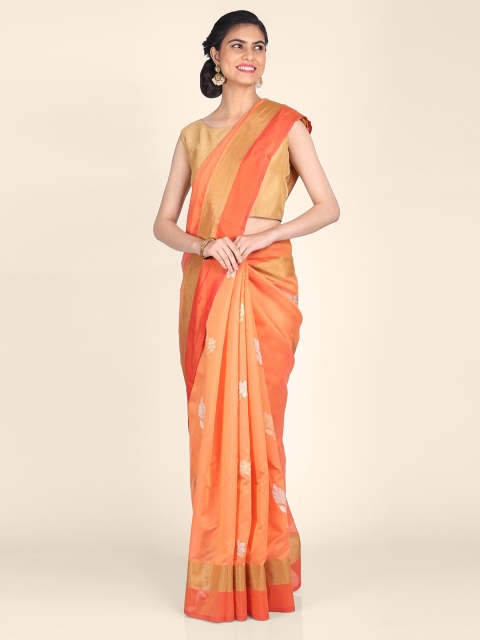 Shruti and Mangaaysh Orange & Silver-Toned Ethnic Motifs Silk Blend Banarasi Saree