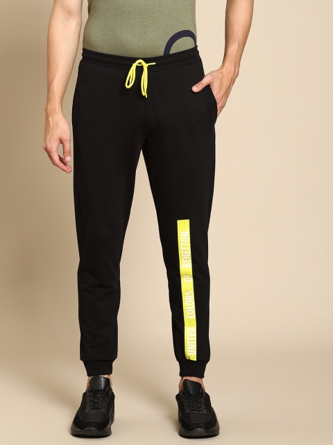 United Colors of Benetton Men Black & Lime Green Cotton Striped Detail Joggers