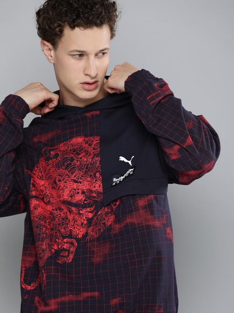 PUMA Motorsport Men Navy Blue & Red Bull Racing AOP Loose Hooded Sweatshirt