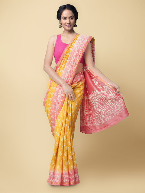 Unnati Silks Yellow & Pink Ethnic Motifs Silk Block Printed Cotton Chanderi Saree
Unnati Silks Yellow & Pink Ethnic Motifs Silk Block Printed Cotton Chanderi Saree