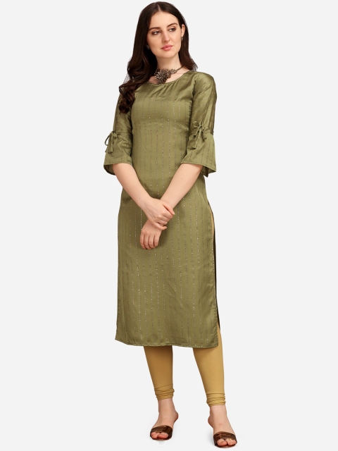 Tikhi Imli Women Olive Green Striped Kurta