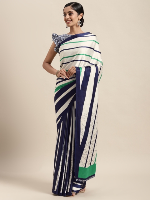 Satrani White & Blue Striped Satin Saree