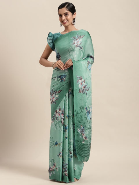 Satrani Teal Floral Pure Crepe Saree