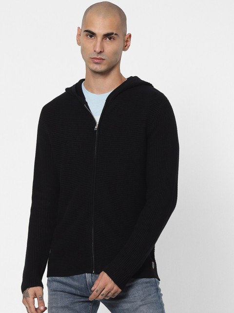 Jack & Jones Men Black Ribbed Cotton Hooded Front-Open With Zip Detail Sweater
