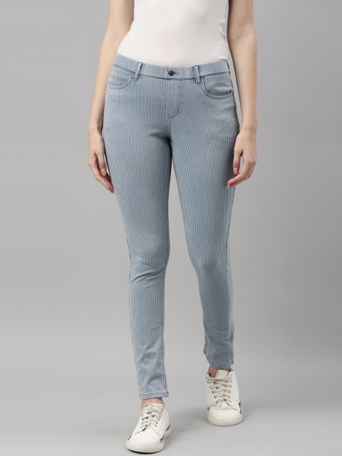 Go Colors Women Blue Striped Slim-Fit Jeggings