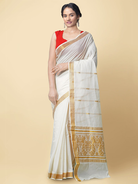 Unnati Silks Cream-Coloured & Gold-Toned Woven Design Zari Pure Cotton Kasavu Saree 
Unnati Silks Cream-Coloured & Gold-Toned Woven Design Zari Pure Cotton Kasavu Saree