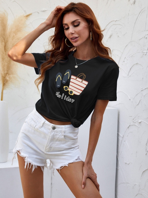 URBANIC Women Black Holiday Print Cotton T-shirt