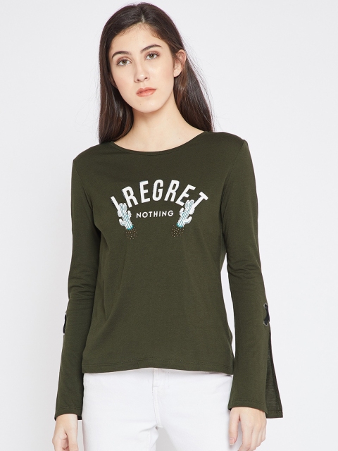 Madame Olive Green & White Typography Printed Top