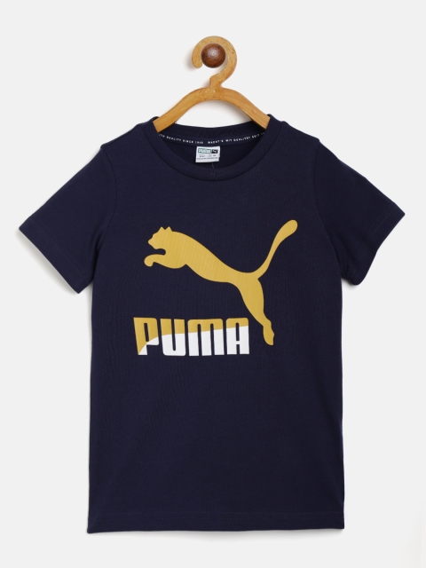 Puma Boys Navy Blue & Mustard Yellow Brand Logo Print Classics Round Neck T-shirt