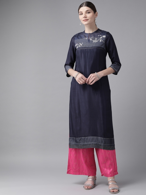 W Women White& Blue Striped Thread Work Yoke Design Regular Kurta with Palazzos, Navy blue
W Women White& Blue Striped Thread Work Yoke Design Regular Kurta with Palazzos, Navy blue