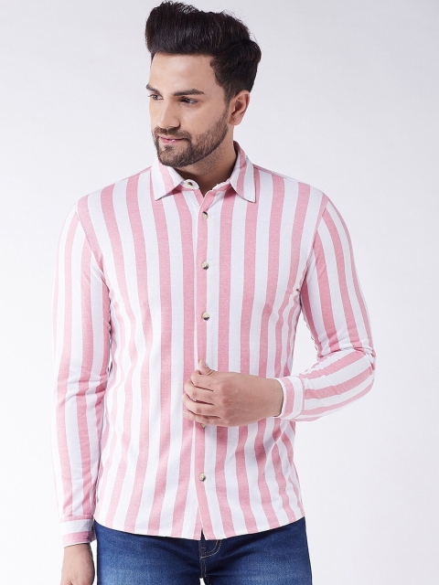 GRITSTONES Men Pink & White Opaque Striped Cotton Casual Shirt