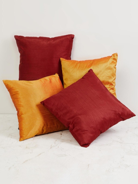 Home Centre Maroon & Gold-Toned Set Of 4 Spinel Solid Filled Cushions