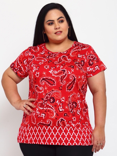 plusS Women Red Ethnic Motif Printed T-shirt