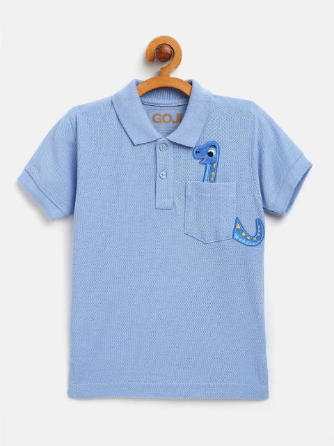 GOJI Boys Blue Cotton Applique Pocket Detailing Polo Collar T-shirt
