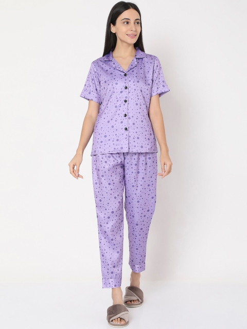 Smarty Pants Women Purple Polka Dots Printed Night Suit