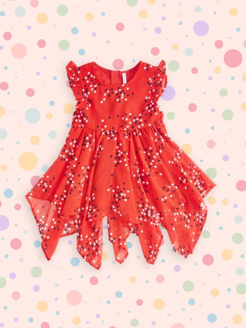 Pantaloons Junior Girls Red Polka Georgette Handkerchief Fit and Flare Dress