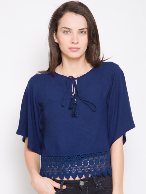Tokyo Talkies Women Navy Solid Crop Top, Navy blue