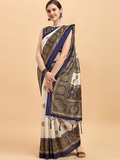 KALINI White & Navy Blue Floral Art Silk Saree 
KALINI White & Navy Blue Floral Art Silk Saree