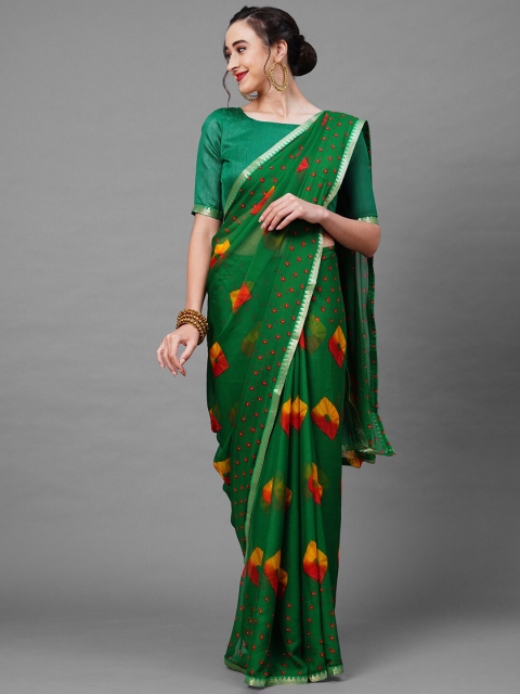 Mitera Green & Red Printed Zari Saree