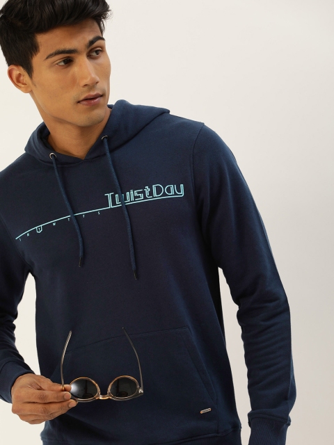 SINGLE Men Navy Blue Slim Fit Hooded Sweatshirt with Printed Detailing